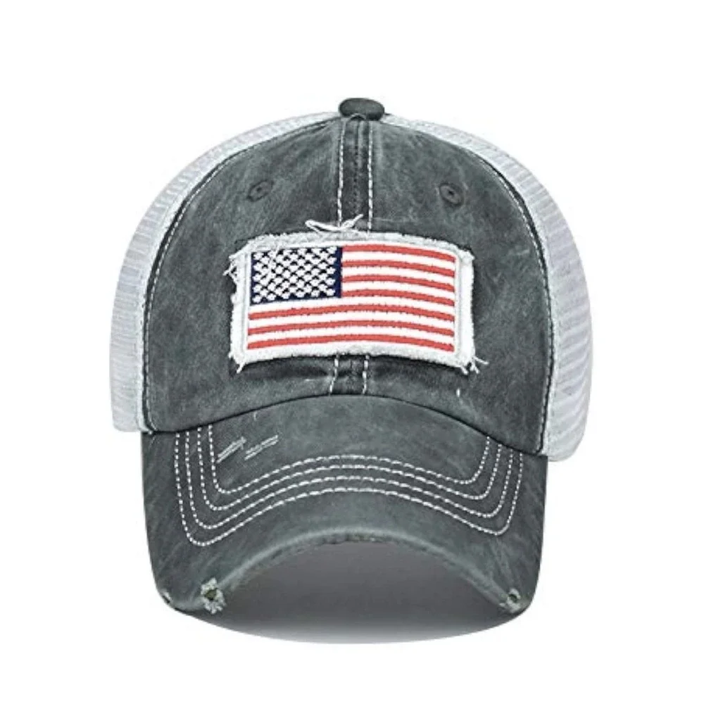 Distressed American Flag Ponytail Trucker Hat Grey White Mesh Adjustable Cap - Picture 2 of 6